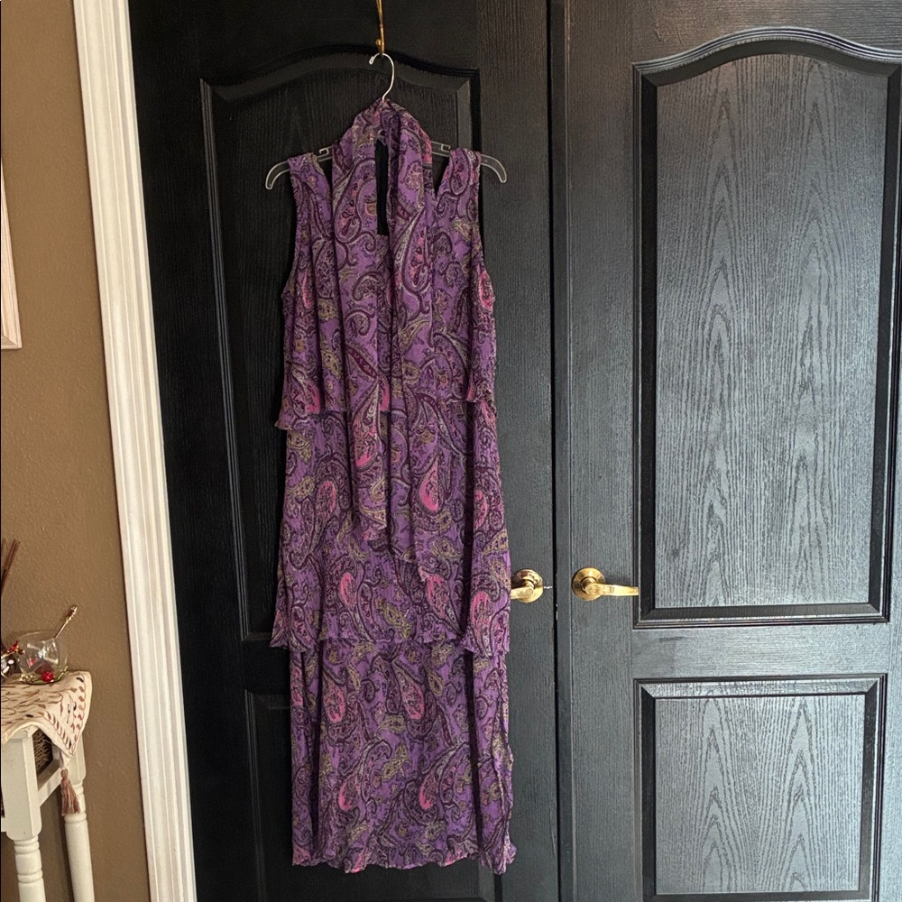 M/L. Sacred Threads Purple Paisley Maxi Dress with scarf, three tiers , handwash